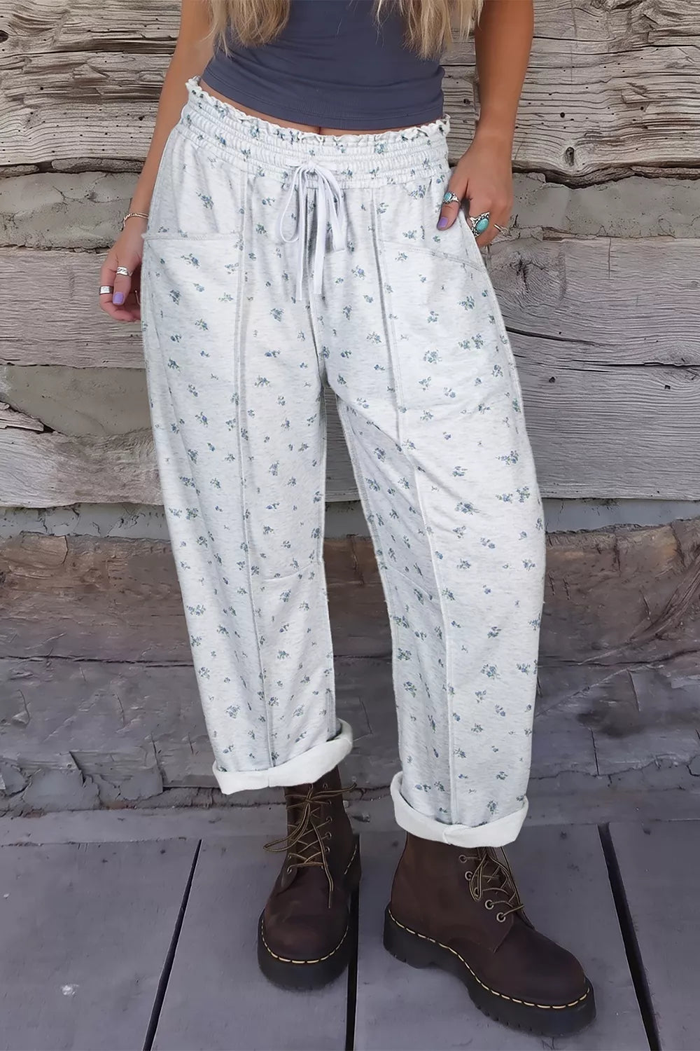 Light Gray Floral Print Elastic Waist Regular Fit Pants