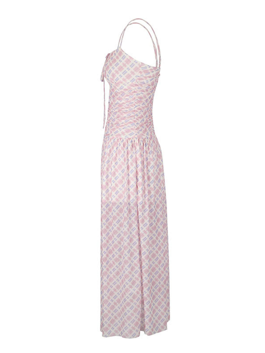 Ruched tied maxi dress in pink plaid polyester with spaghetti straps and a-line cut.