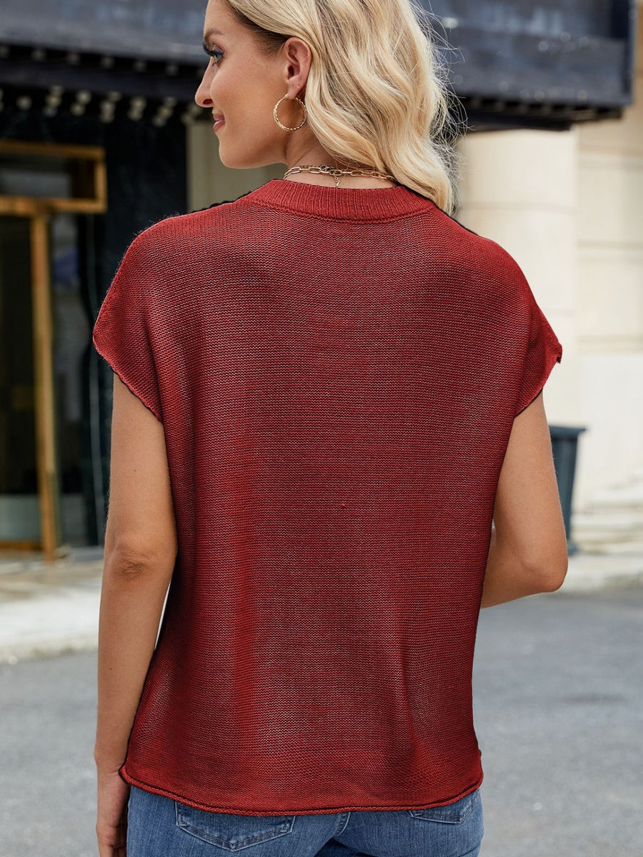 Burgundy knit cap sleeve top with vertical seams, crew neck, and casual fit.
