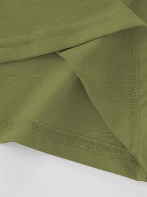 Olive green crew neck t-shirt detail showing hem and seam stitching