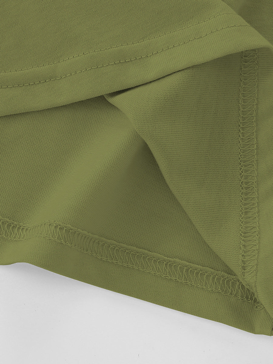 Olive green crew neck t-shirt detail showing hem and seam stitching