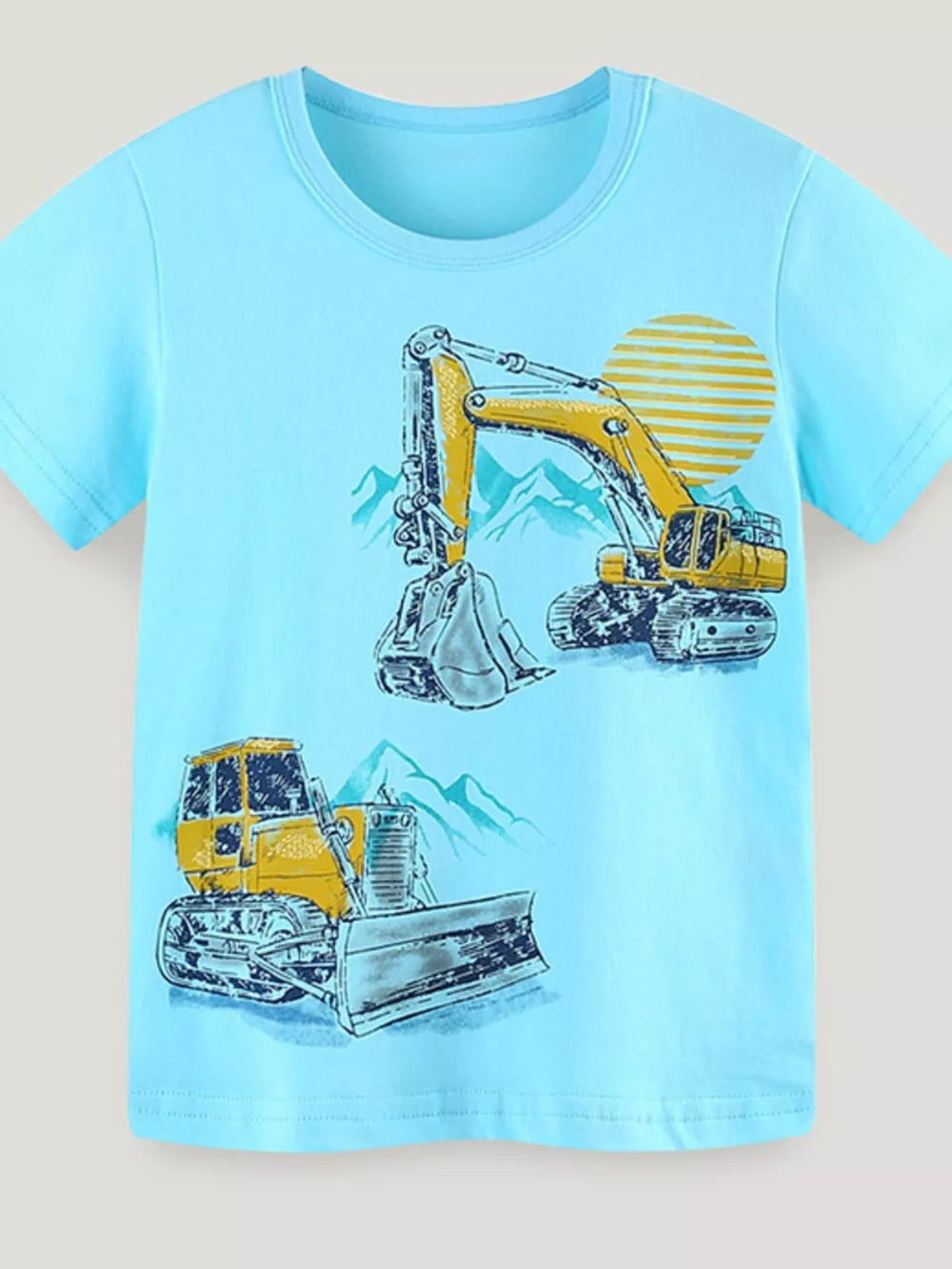 Toddler blue t-shirt with excavator and bulldozer graphic print.