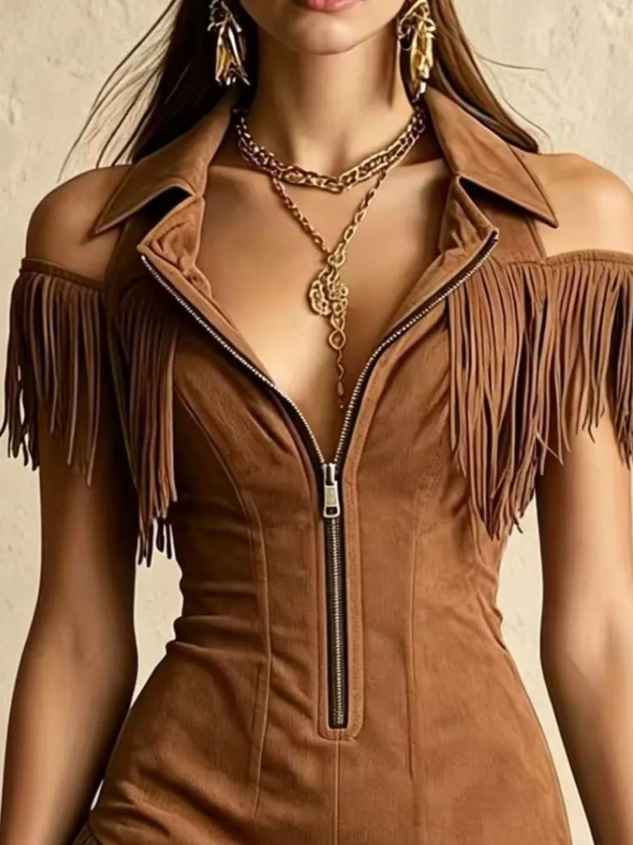 Brown fringed cold shoulder mini dress with zipper front and collar.