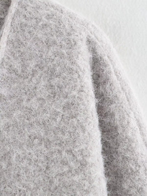 Silver gray textured knit tie-front coat with fuzzy material detail