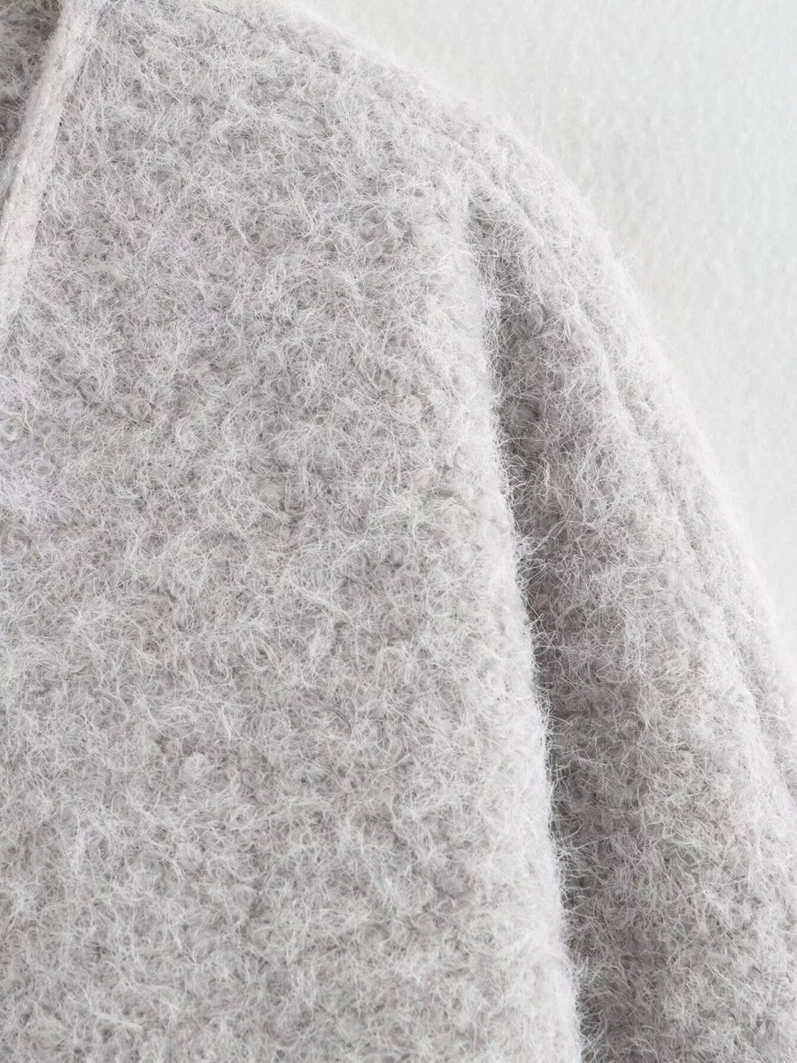 Silver gray textured knit tie-front coat with fuzzy material detail