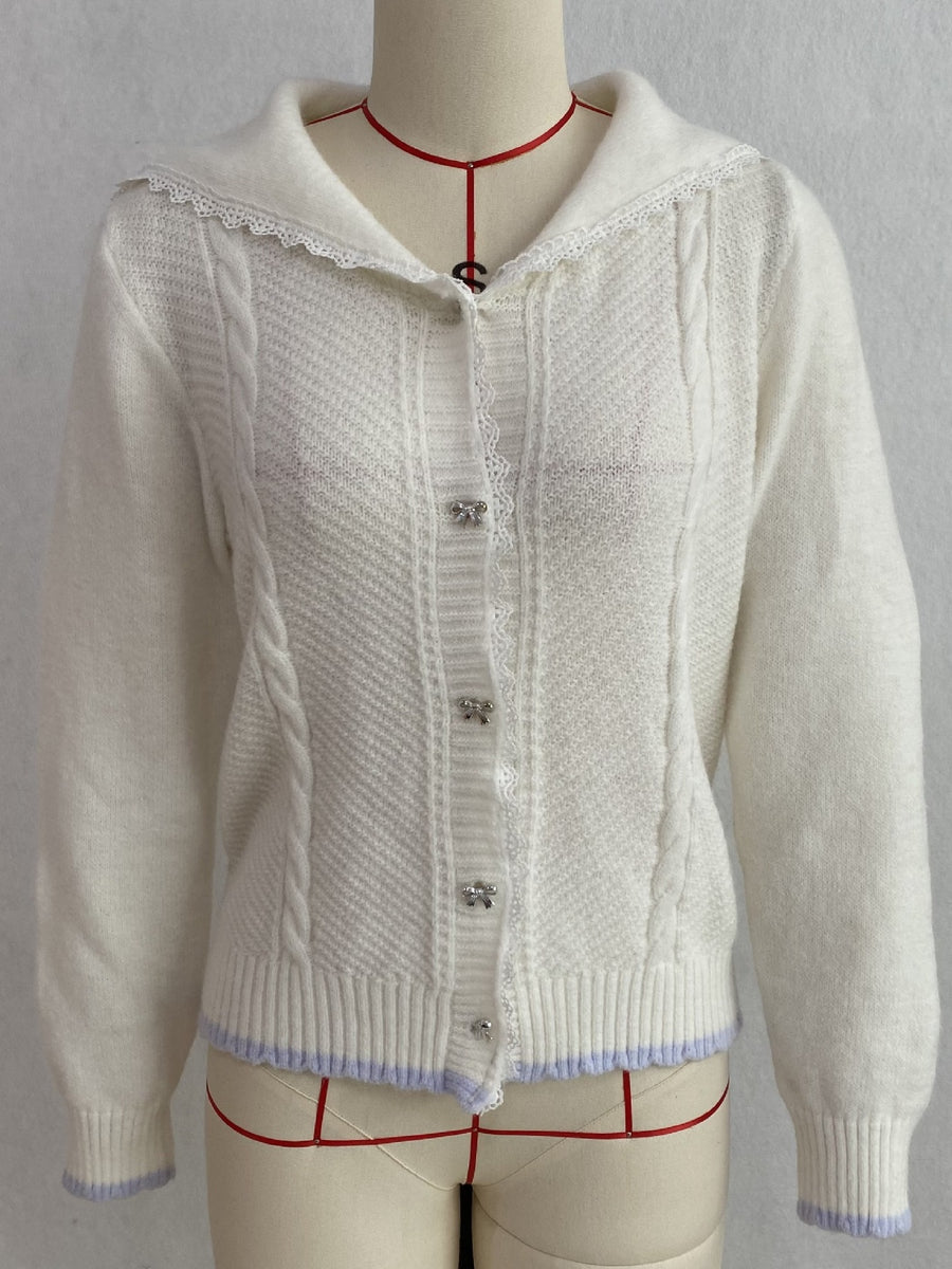 lavender cardigan featuring cable-knit and cable knit