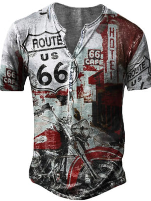 Men's buttoned henley t-shirt with Route 66 and motorcycle graphic print