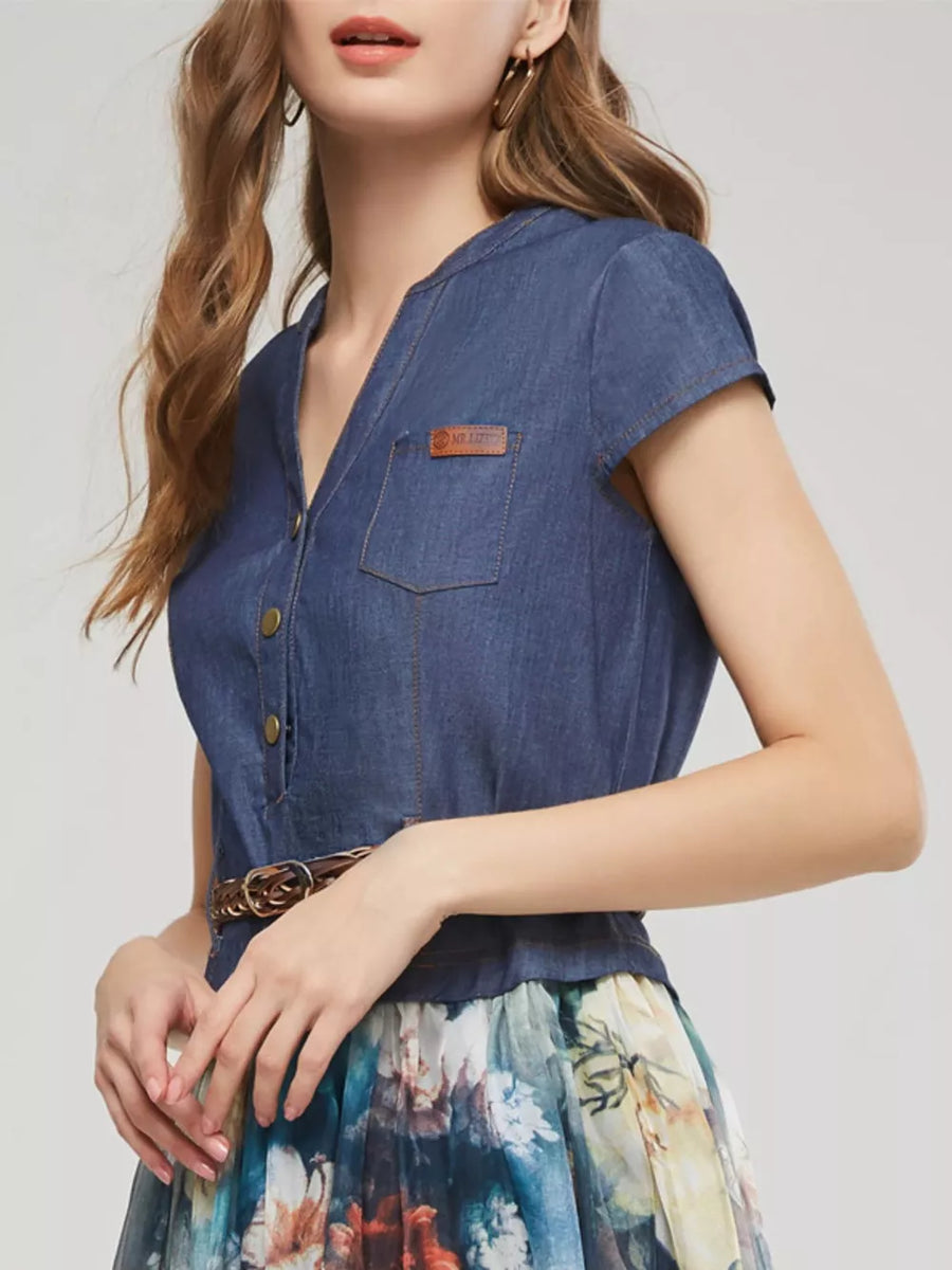 Blue denim button-down dress with patchwork floral chiffon maxi skirt and brown belt.