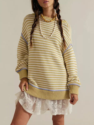 pale yellow pullover sweater with striped and crew neck