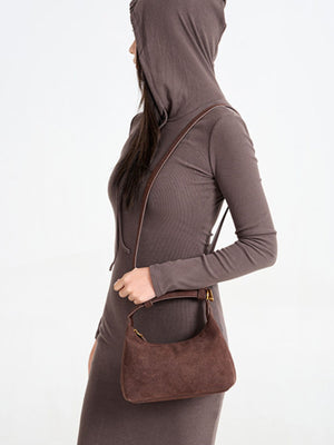 Suede Imported Size &amp crossbody bag in chocolate brown with curved silhouette