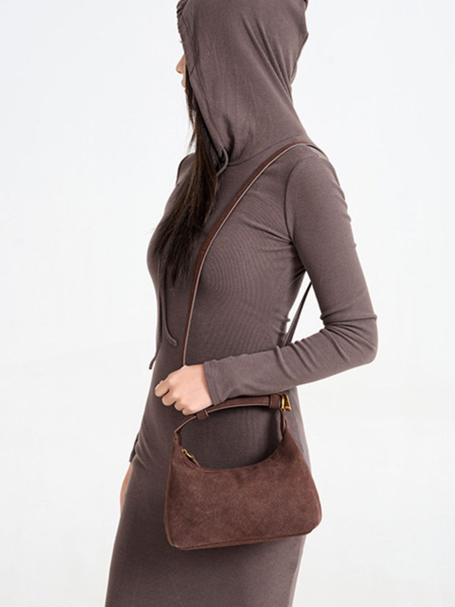 Suede Imported Size &amp crossbody bag in chocolate brown with curved silhouette