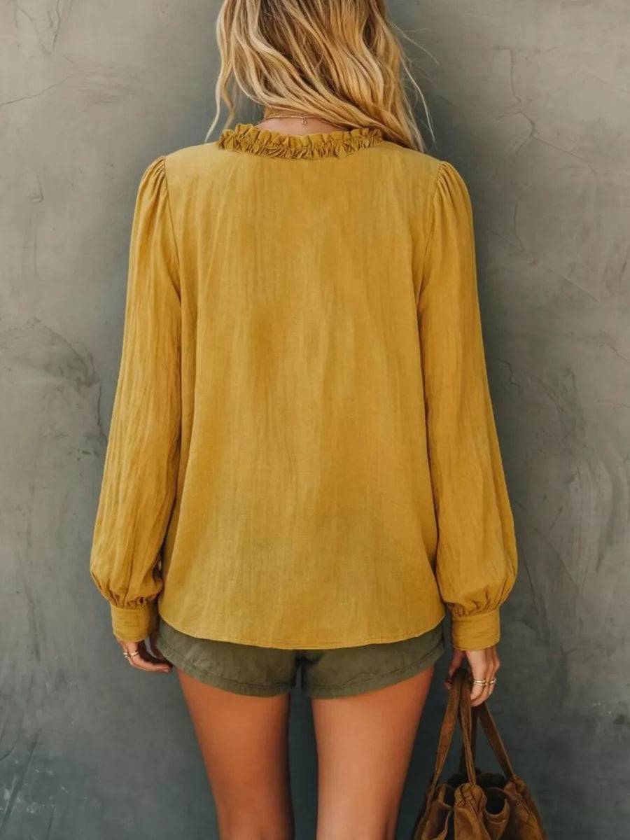 100% polyester Care instructions: Machine wash cold blouse in Mustard with relaxed silhouette