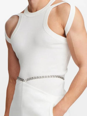 White tank top with sculpted shoulder straps and a silver chain belt detail.