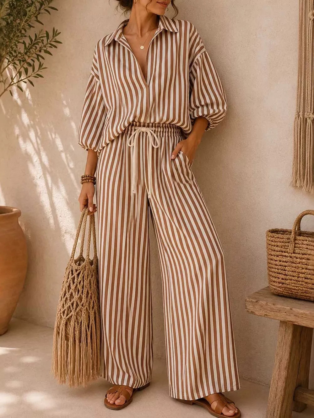 Khaki Striped Puff Sleeve Shirt And Wide-leg Pants Set