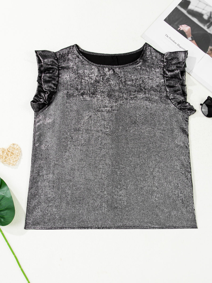 Silver ruffled neck tank top with cap sleeves and a textured finish.