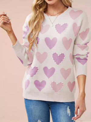ivory pullover sweater with heart and crew neck