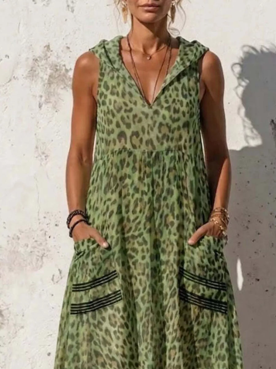 Sleeveless Hooded Leopard Print Maxi Dress in Blue