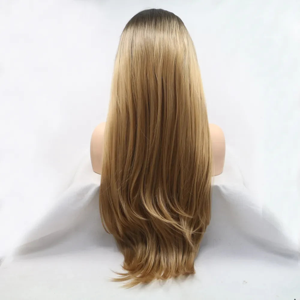 Ombre lace front wig in brown and khaki, long and straight with subtle layers.