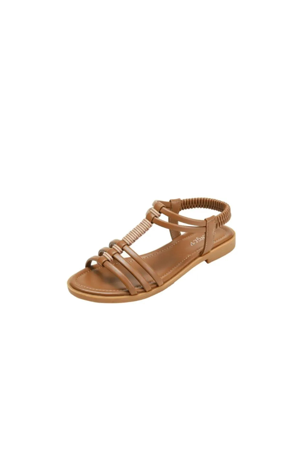 Brown strappy elastic back flat sandals with t-strap detail