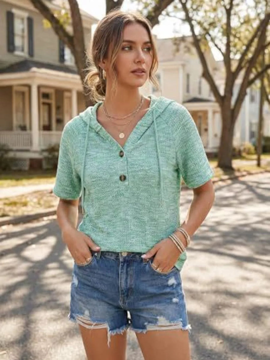 Green waffle knit hooded t-shirt with drawstring and button detail