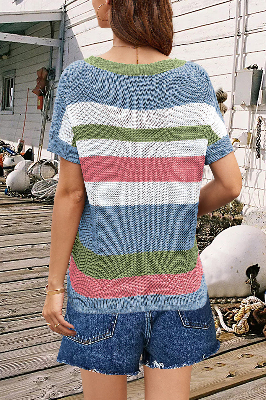 Coastal Stripe Knit Tee with blue, white, green, and pink stripes and a relaxed fit.