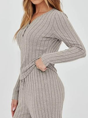 Khaki ribbed knit lounge set with drawstring pants and henley top.