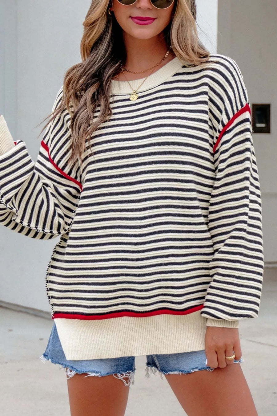Stripe Ribbed Trim Drop Shoulder Oversized Sweater in Stripe