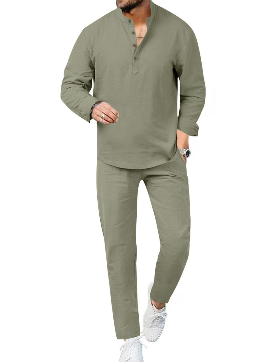 Men's olive green linen blend henley shirt and pants set, long sleeve, button neck