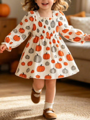 lavender A-line dress with smocked and long sleeve
