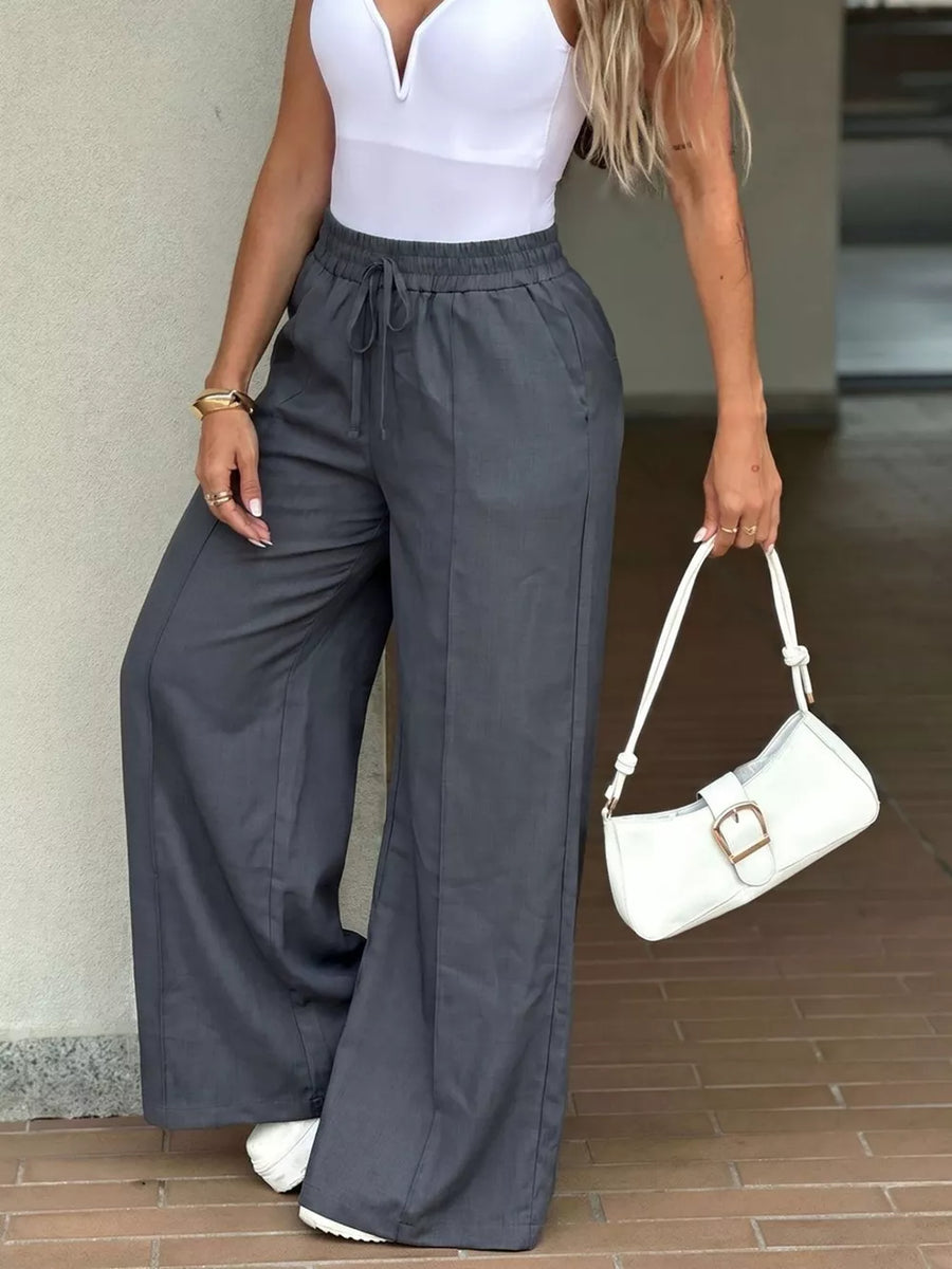 Dark Gray with High-waisted Wide-leg Drawstring Pants in Dark Gray