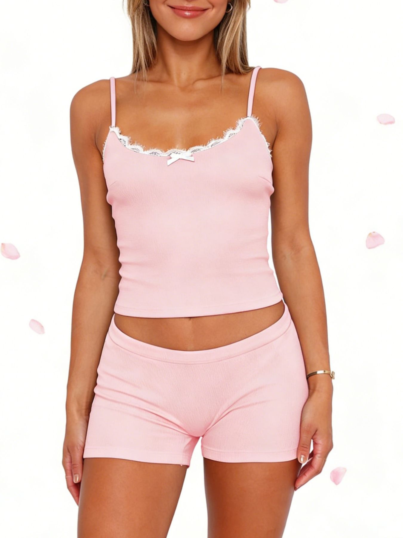 Blush pink cami and shorts set with lace trim and bow detail