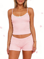 Blush pink cami and shorts set with lace trim and bow detail
