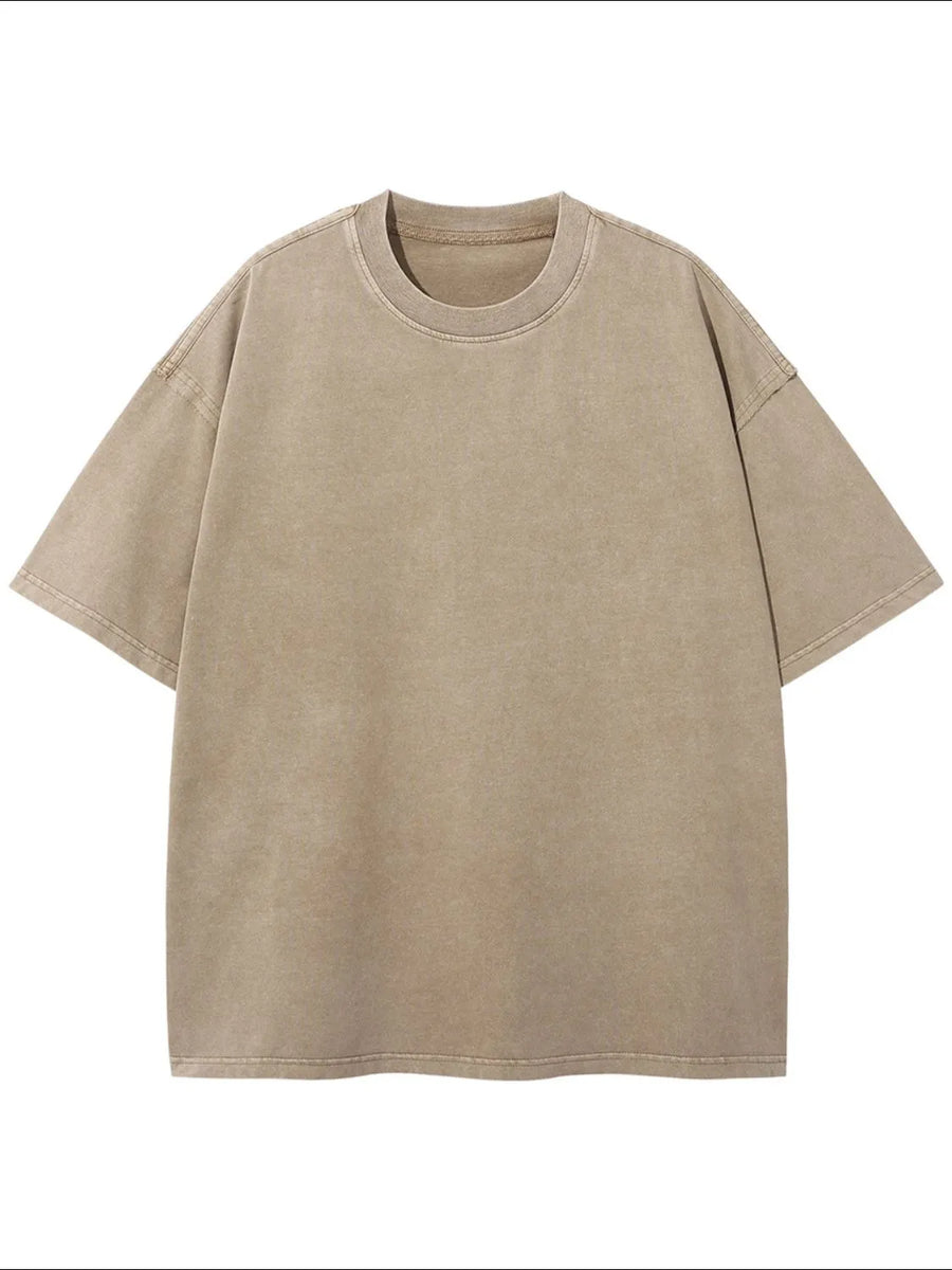 Washed cotton boxy tee in Khaki with crewneck and short sleeves.