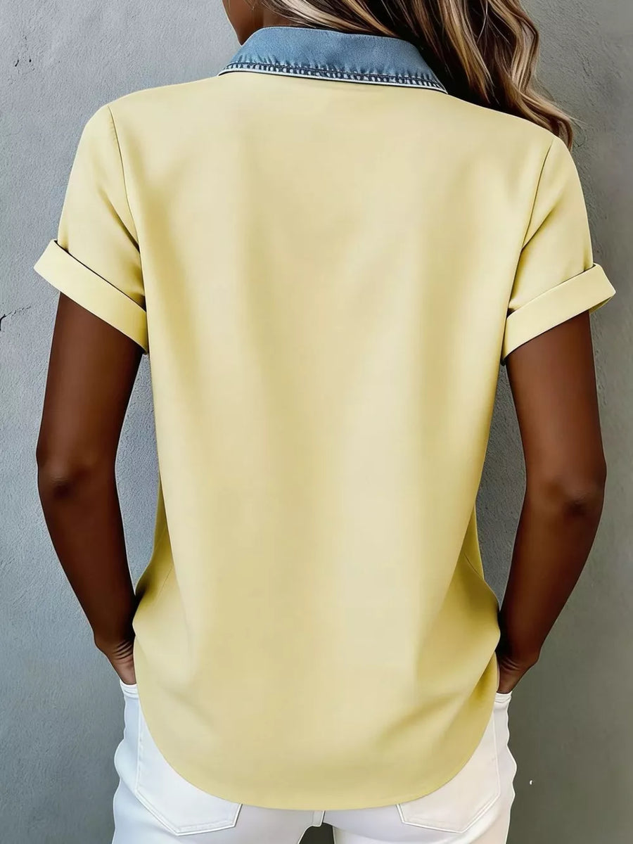 Yellow heathered short sleeve maternity shirt with denim collar and cuffs