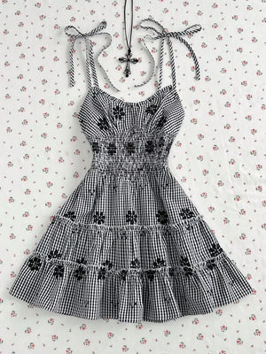 Black with Gingham Floral Tiered Mini Dress in Black