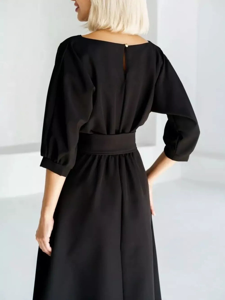 Green Elegant Belted Waist Midi Dress