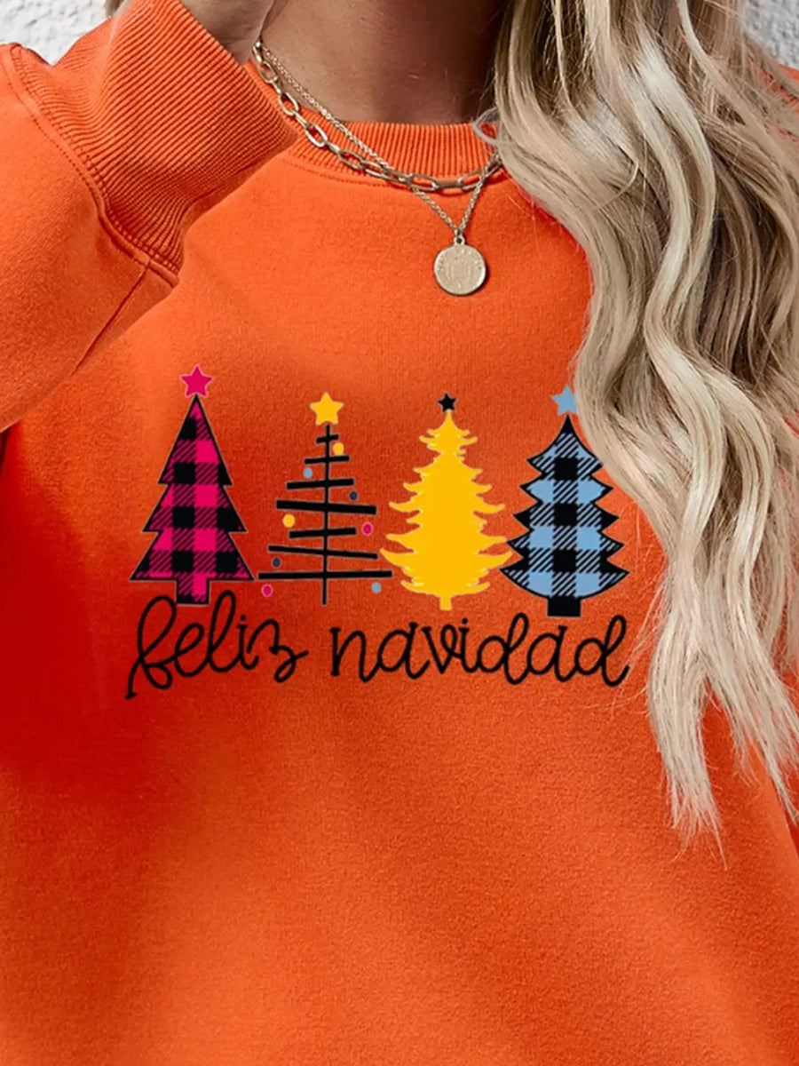Orange crewneck sweatshirt with Feliz Navidad graphic and Christmas trees.