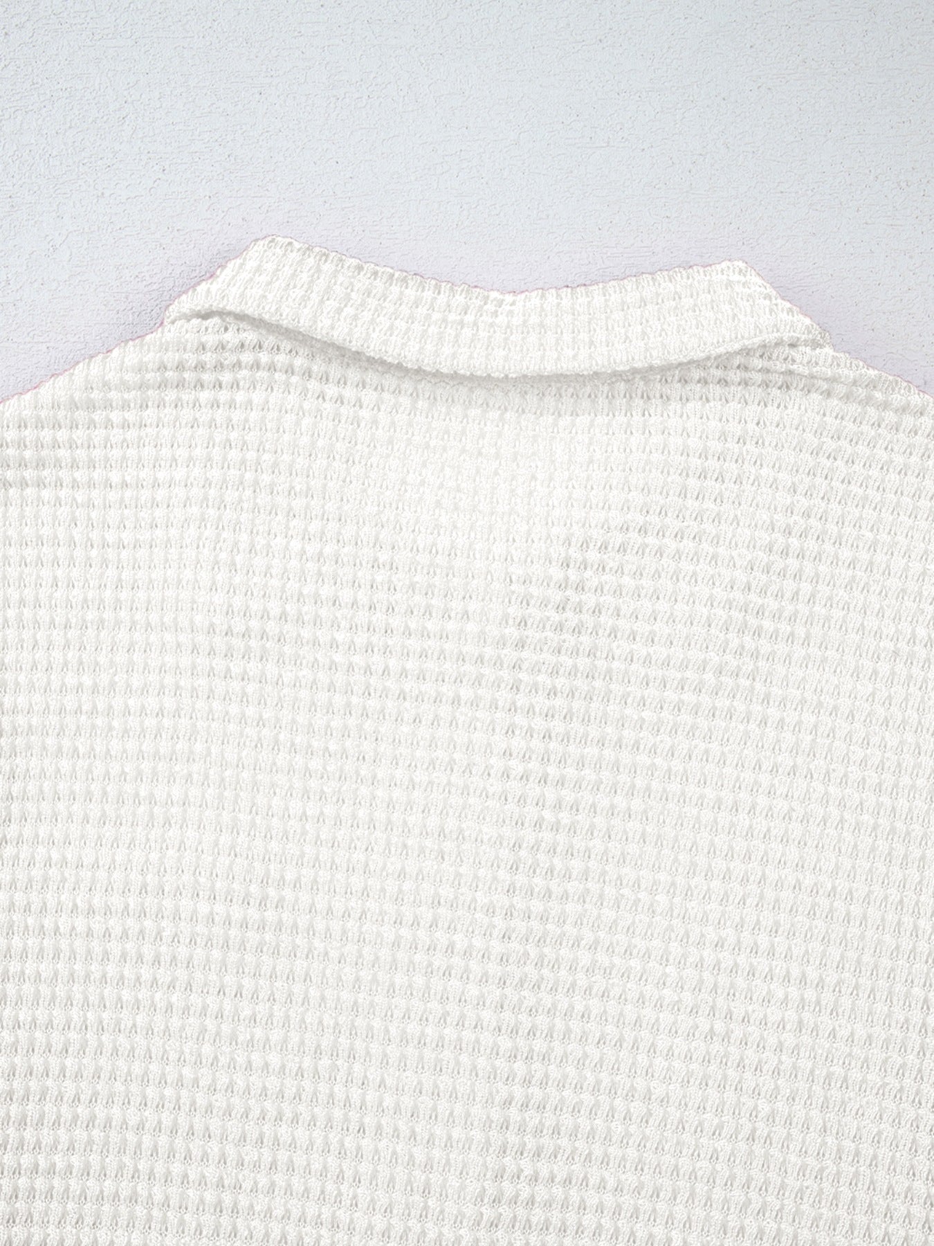White waffle knit button-up shirt with collar detail
