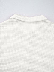 White waffle knit button-up shirt with collar detail