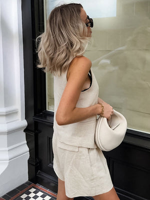 Linen blend buttoned vest and shorts set in beige, women's chic outfit.