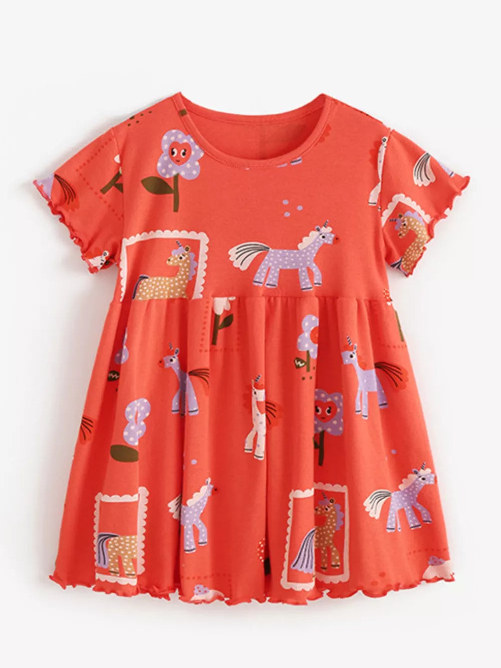 Red cotton blend toddler dress with whimsical horse and flower print, short sleeves, and ruffled hem.