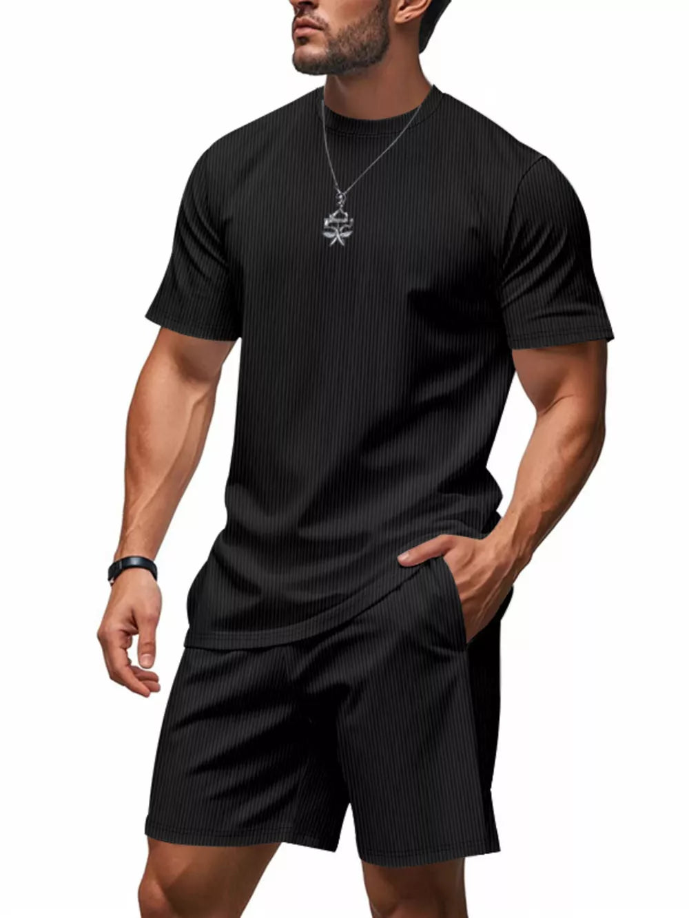 Black ribbed crew neck t-shirt and shorts set with vertical pinstripes.