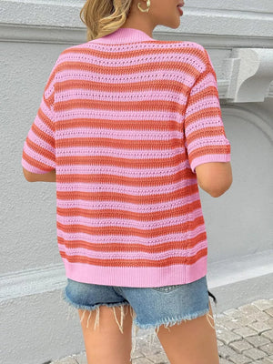 Pink and coral striped knit cropped cardigan with short sleeves.