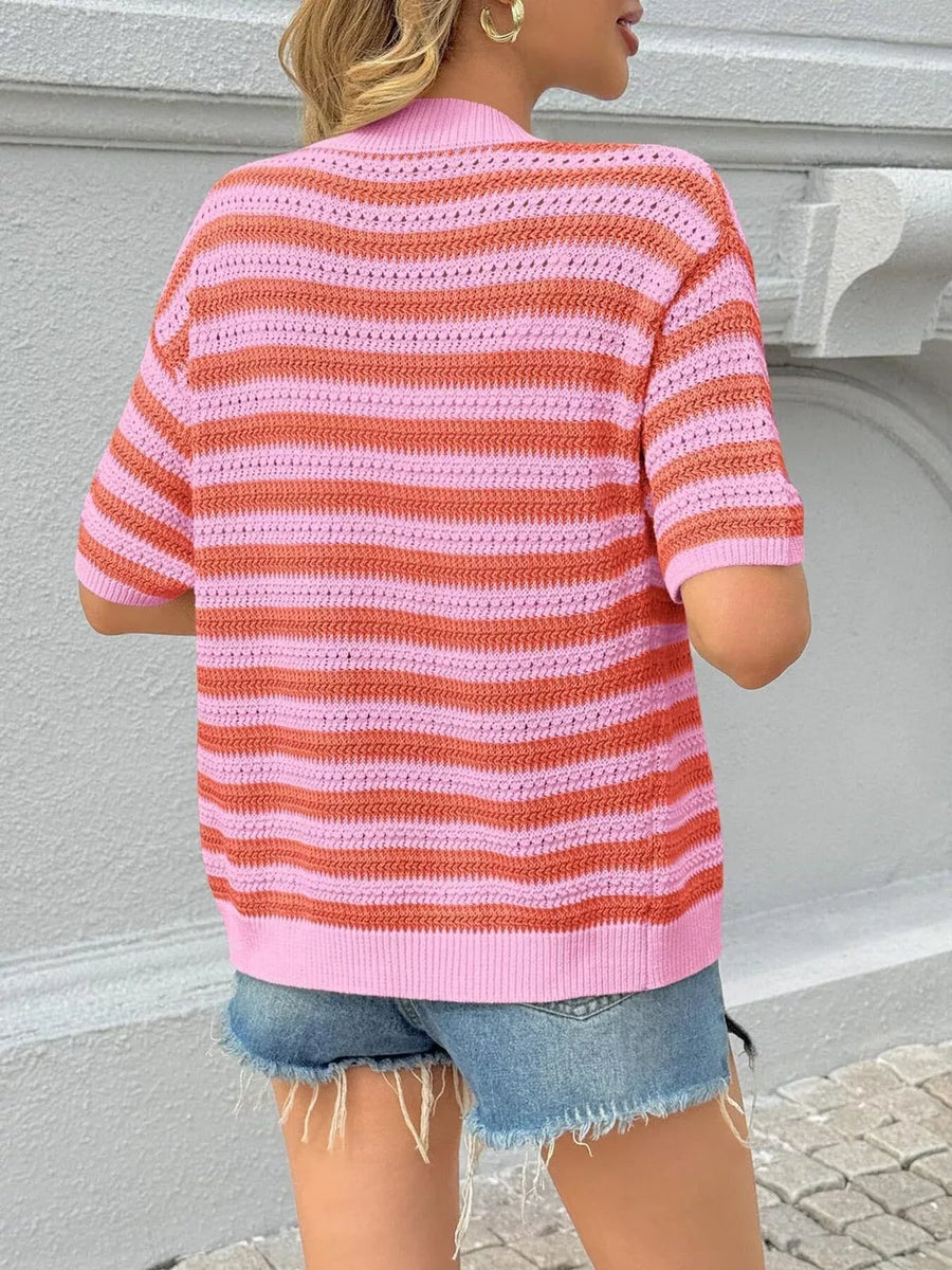 Pink and coral striped knit cropped cardigan with short sleeves.
