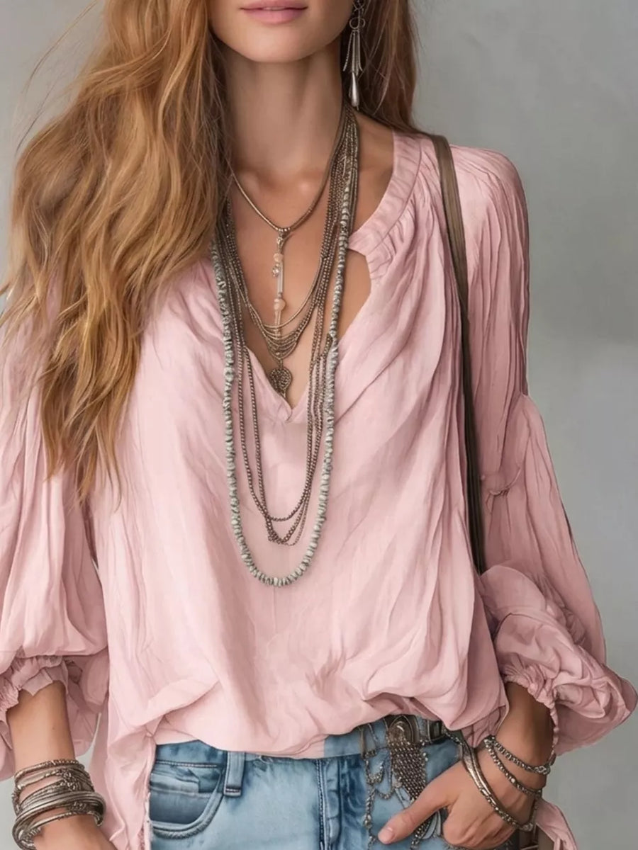 Notched Balloon Sleeve Blouse in Black