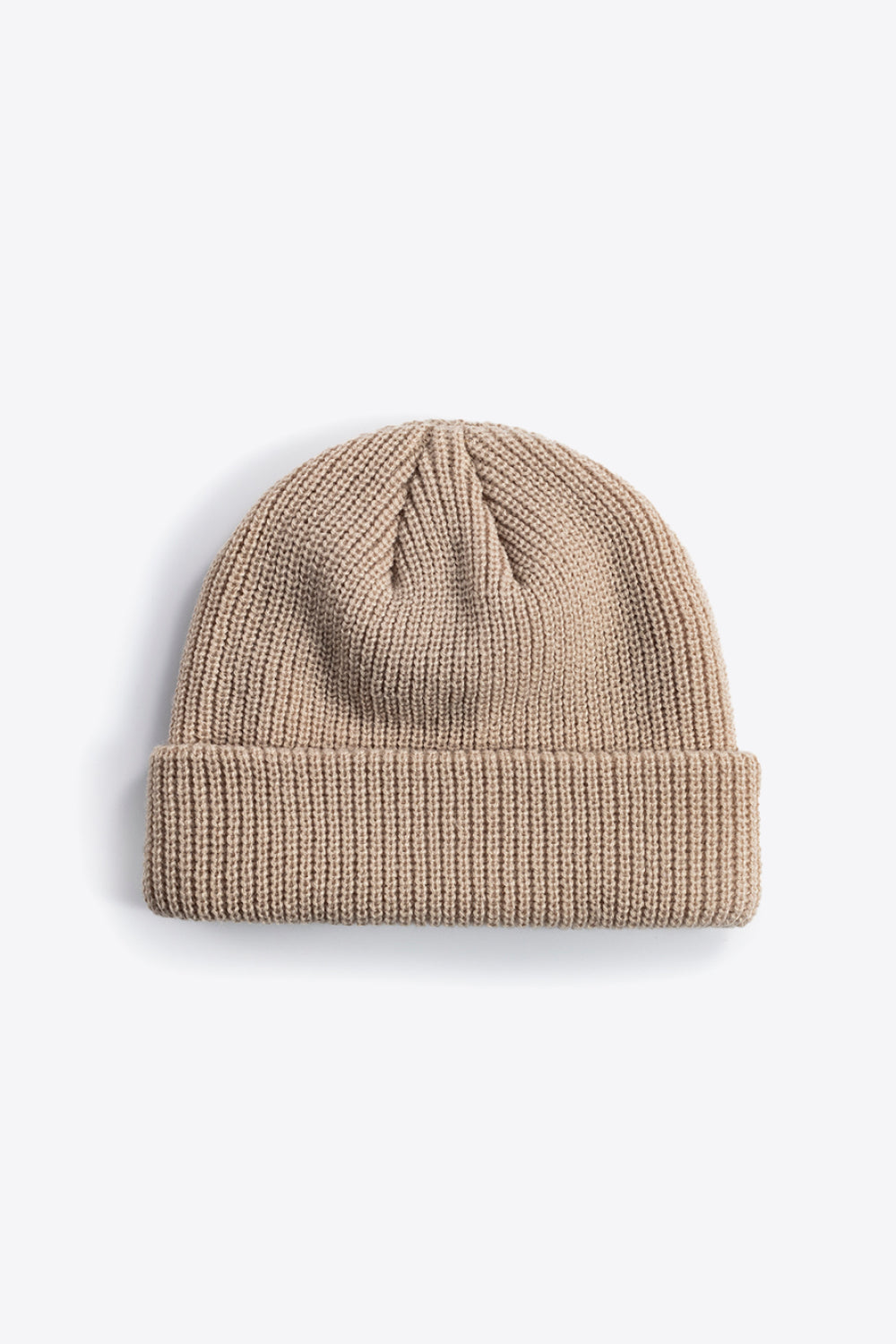 Ribbed knit beanie in tan with a turn-up cuff.