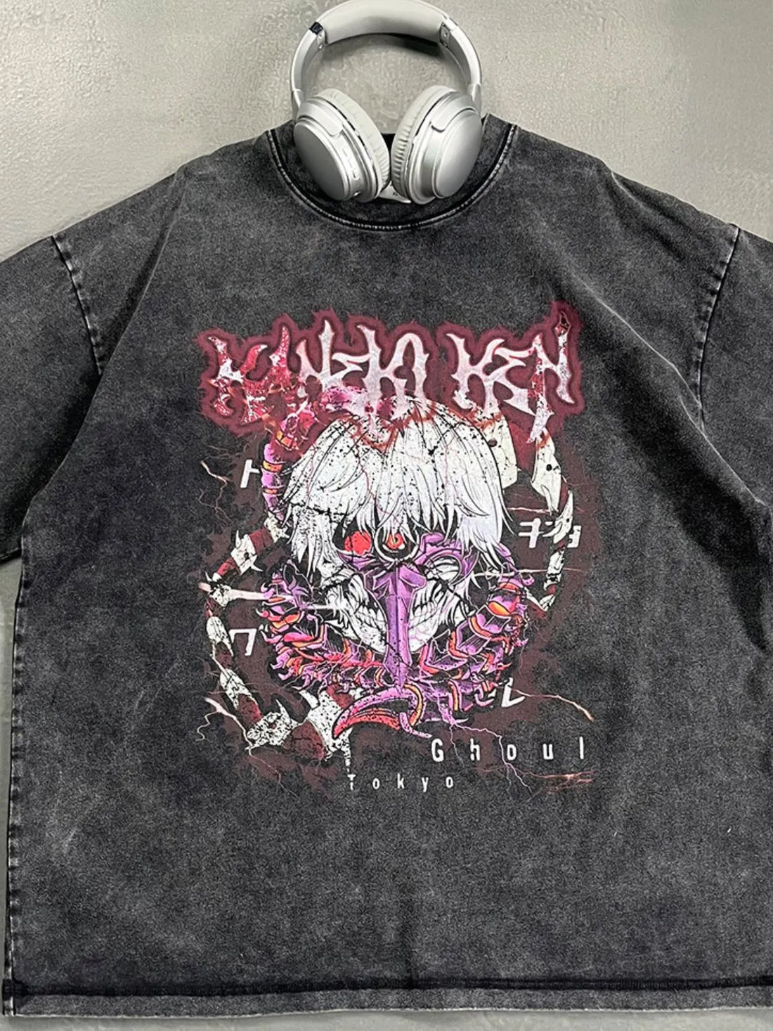 Black acid wash graphic tee with Tokyo Ghoul anime print