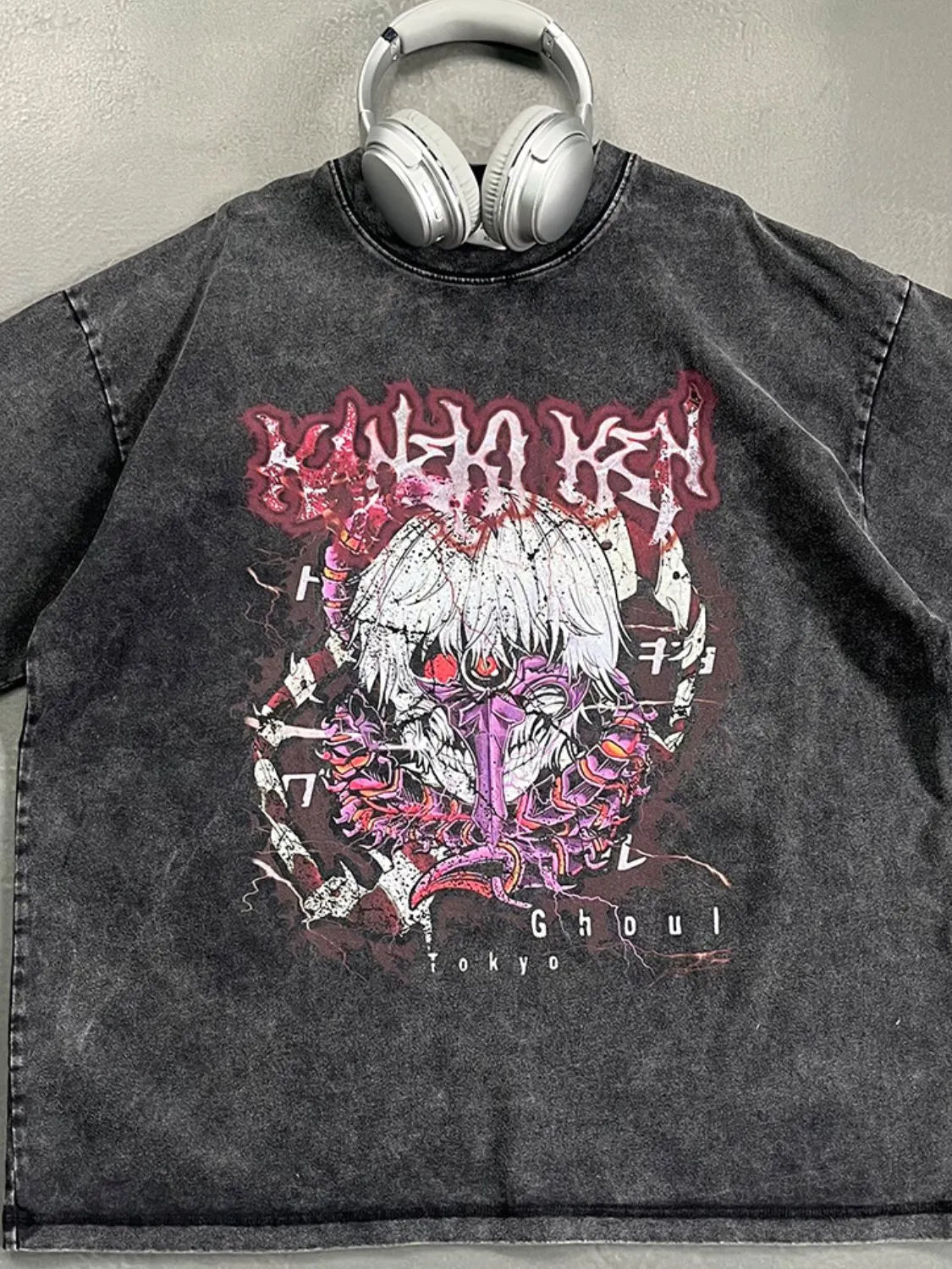 Black acid wash graphic tee with Tokyo Ghoul anime print