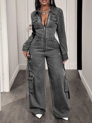 Zip Front Wide Leg Cargo Denim Jumpsuit option 4