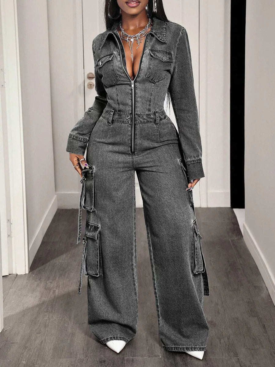 Zip Front Wide Leg Cargo Denim Jumpsuit option 4